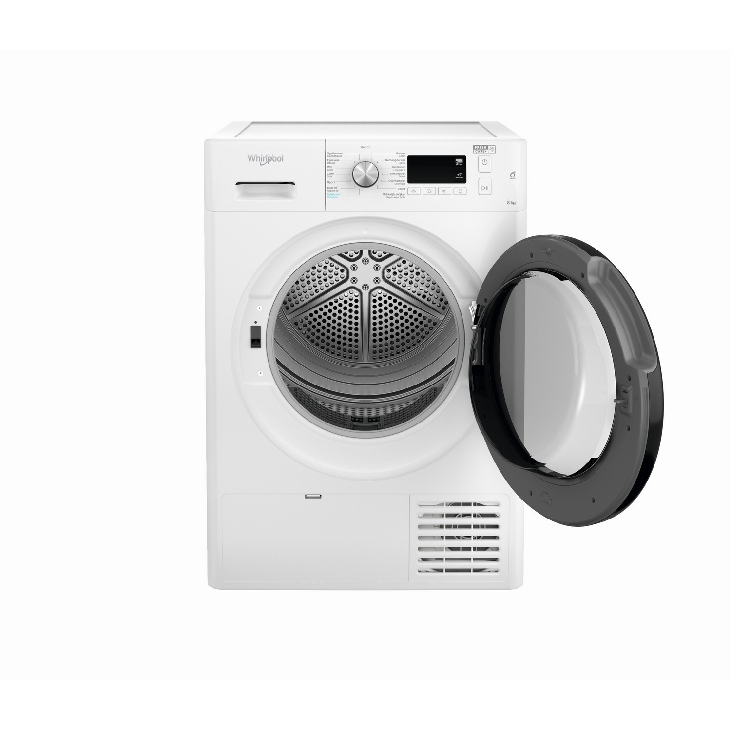 Een witte wasmachine met de deur open, tegen een witte achtergrond.