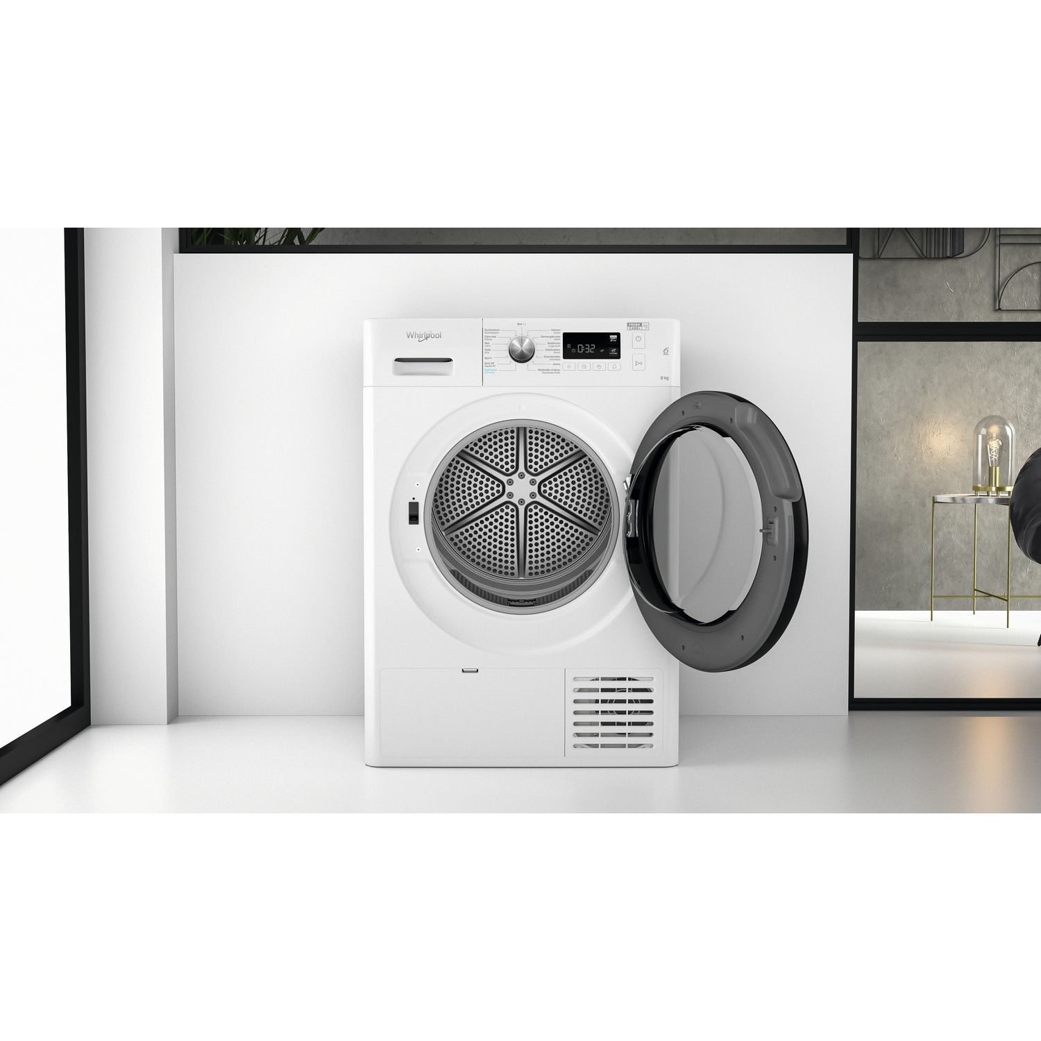 Een witte Whirlpool-droger met een open deur. De binnentrommel is zichtbaar. De achtergrond is een modern interieur.