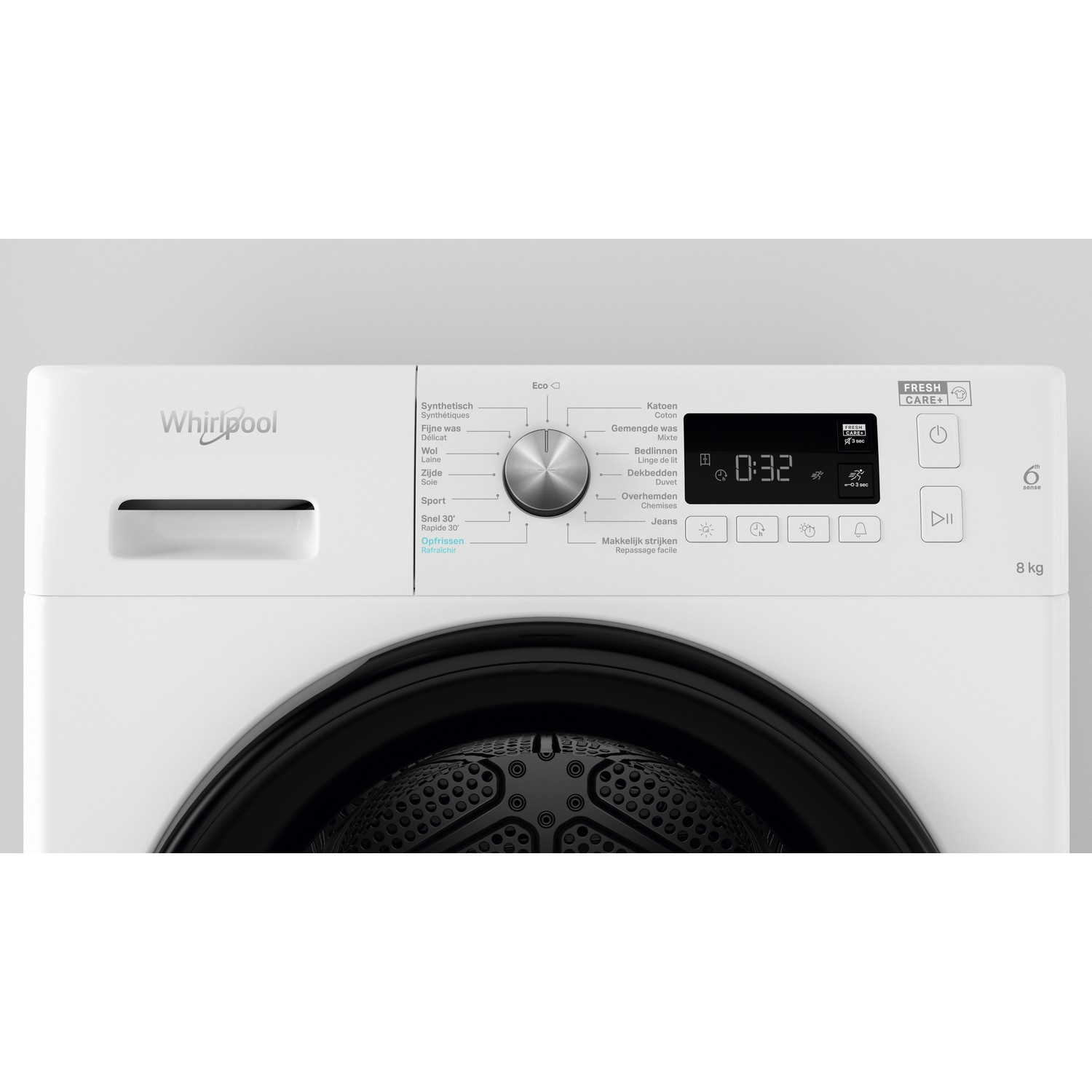 Wit bedieningspaneel van de wasmachine. Display toont timer en instellingen.