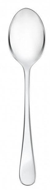 Błyszcząca, srebrna łyżka do zupy, umieszczona na białym tle. Ma zaokrągloną miskę i długi uchwyt.