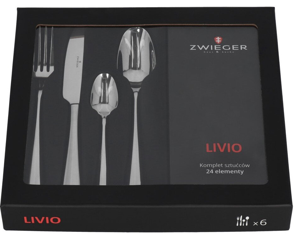 Zestaw sztućców w czarnym pudełku. Widelec, nóż, łyżki. Srebrny kolor, czarne pudełko i białe tło.