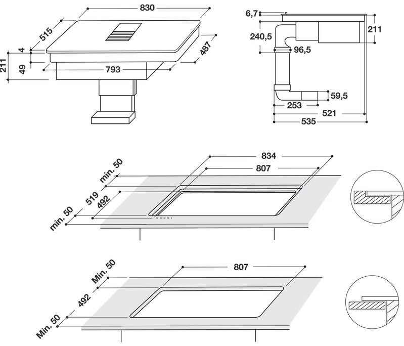 Rysunek techniczny okapu kuchennego, z wymiarami i wymiarami.