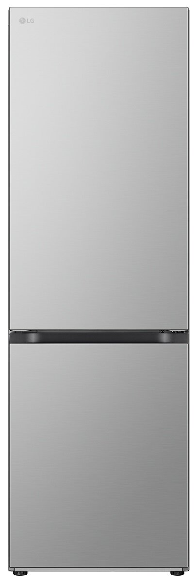 Srebrna lodówka LG. Dwa drzwi, elegancki design. Logo LG u góry. Ciemny uchwyt na dole.