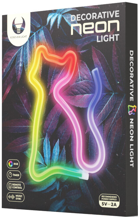 Pudełko z dekoracyjnym światłem neonowym w kształcie kota. Wielokolorowe światło.
