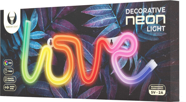 Ozdobny neonowy znak świetlny w pudełku. Mówi 'love' w tęczowych kolorach. Pudełko jest ciemne z liśćmi.