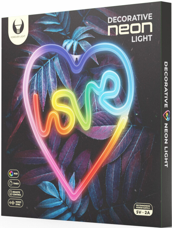 Dekoracyjne światło neonowe w kształcie serca, wyświetlające słowo 'LOVE' w kolorach tęczy.