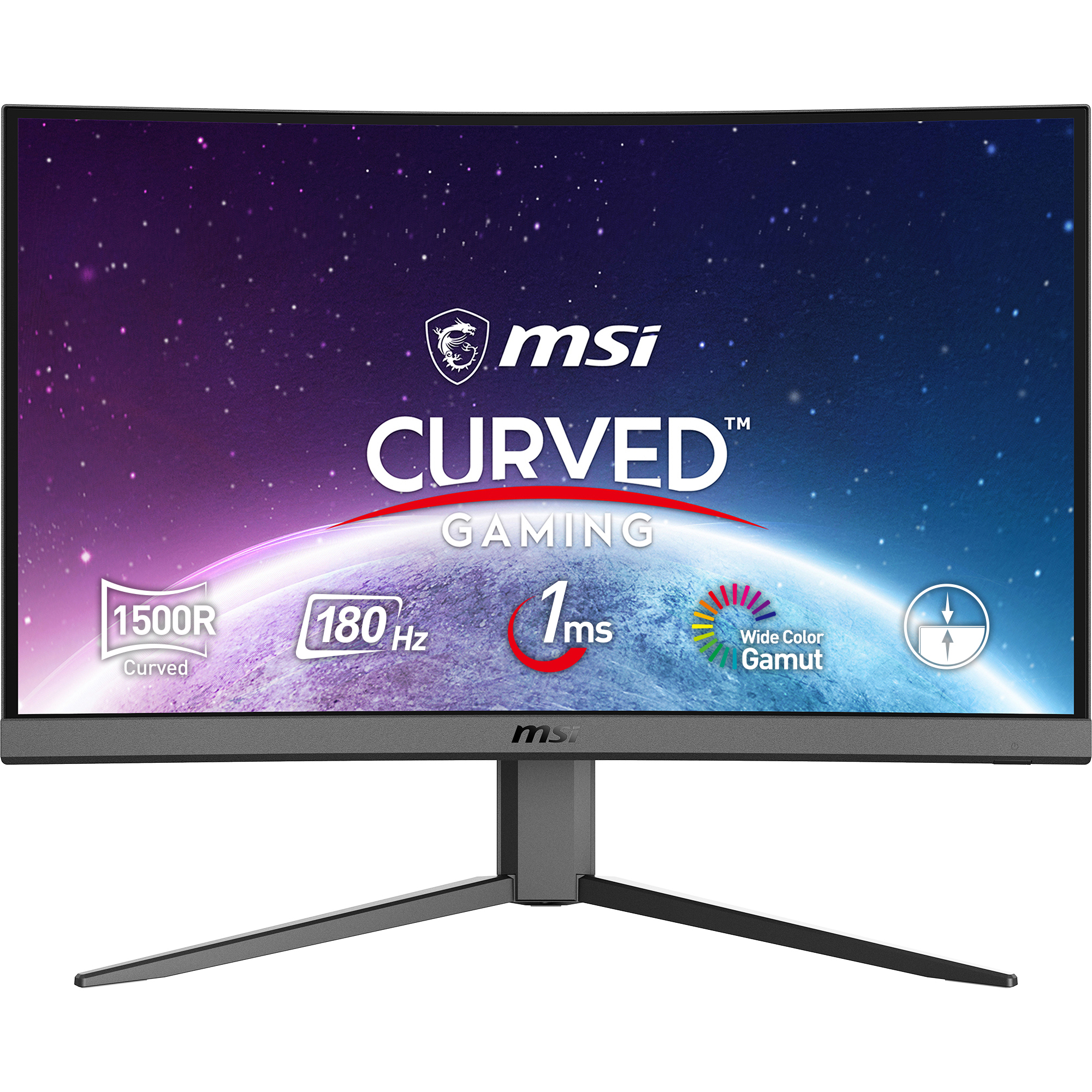 Gebogener Gaming-Monitor mit Weltraumhintergrund.