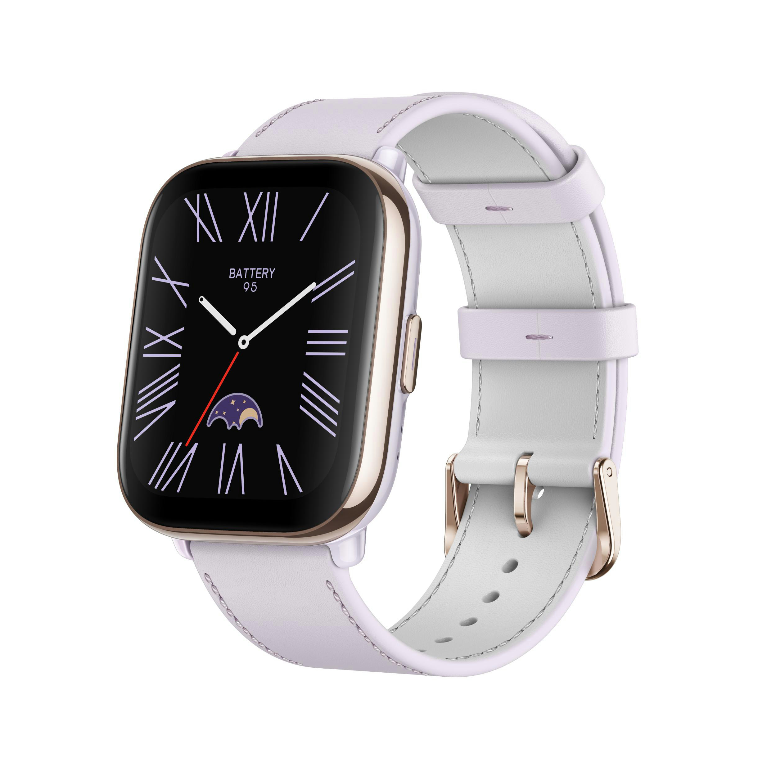 Smartwatch mit goldenem Rahmen, schwarzem Display und weißem Armband.