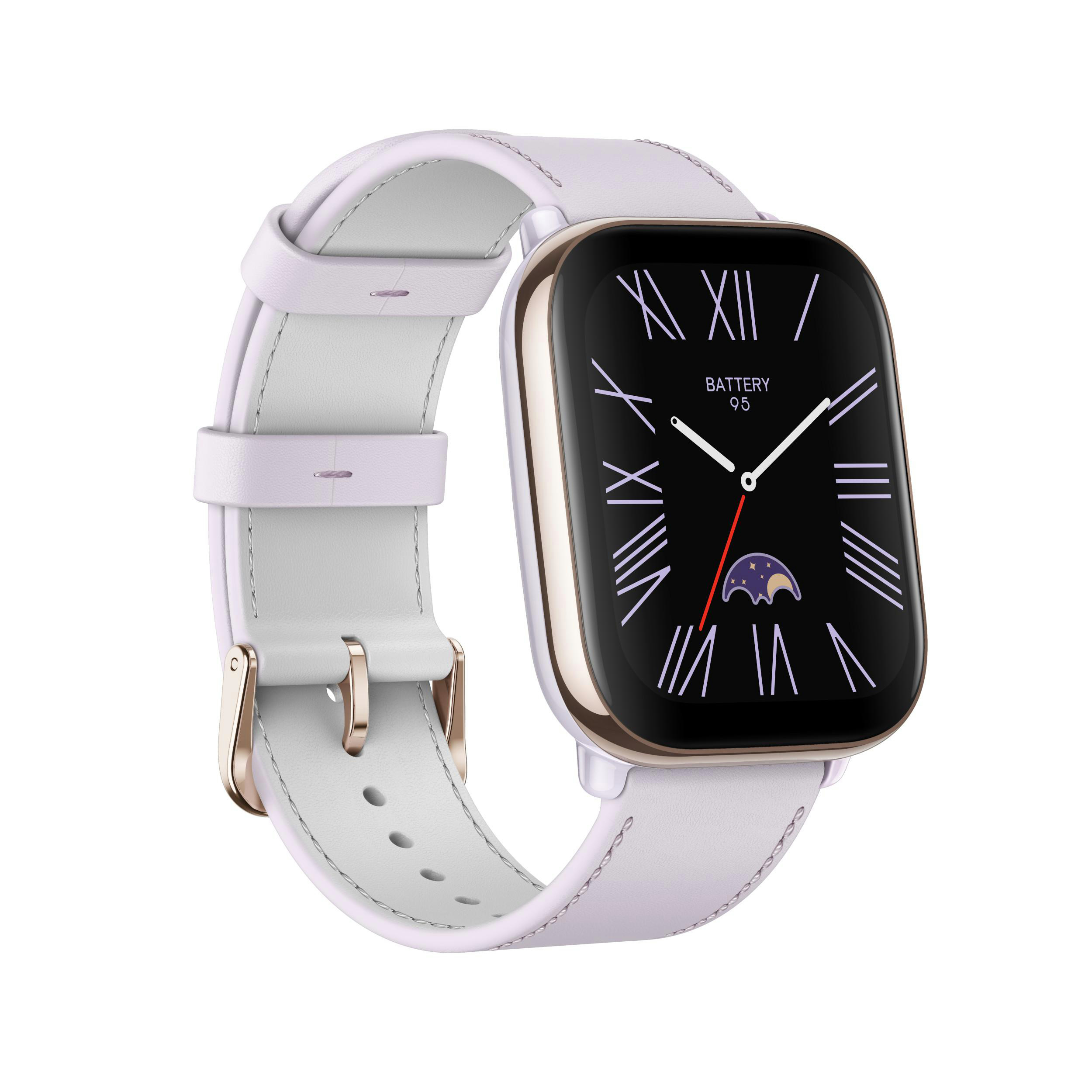 Smartwatch mit weißem Armband und goldfarbenem Gehäuse. Das Zifferblatt ist schwarz mit römischen Ziffern.