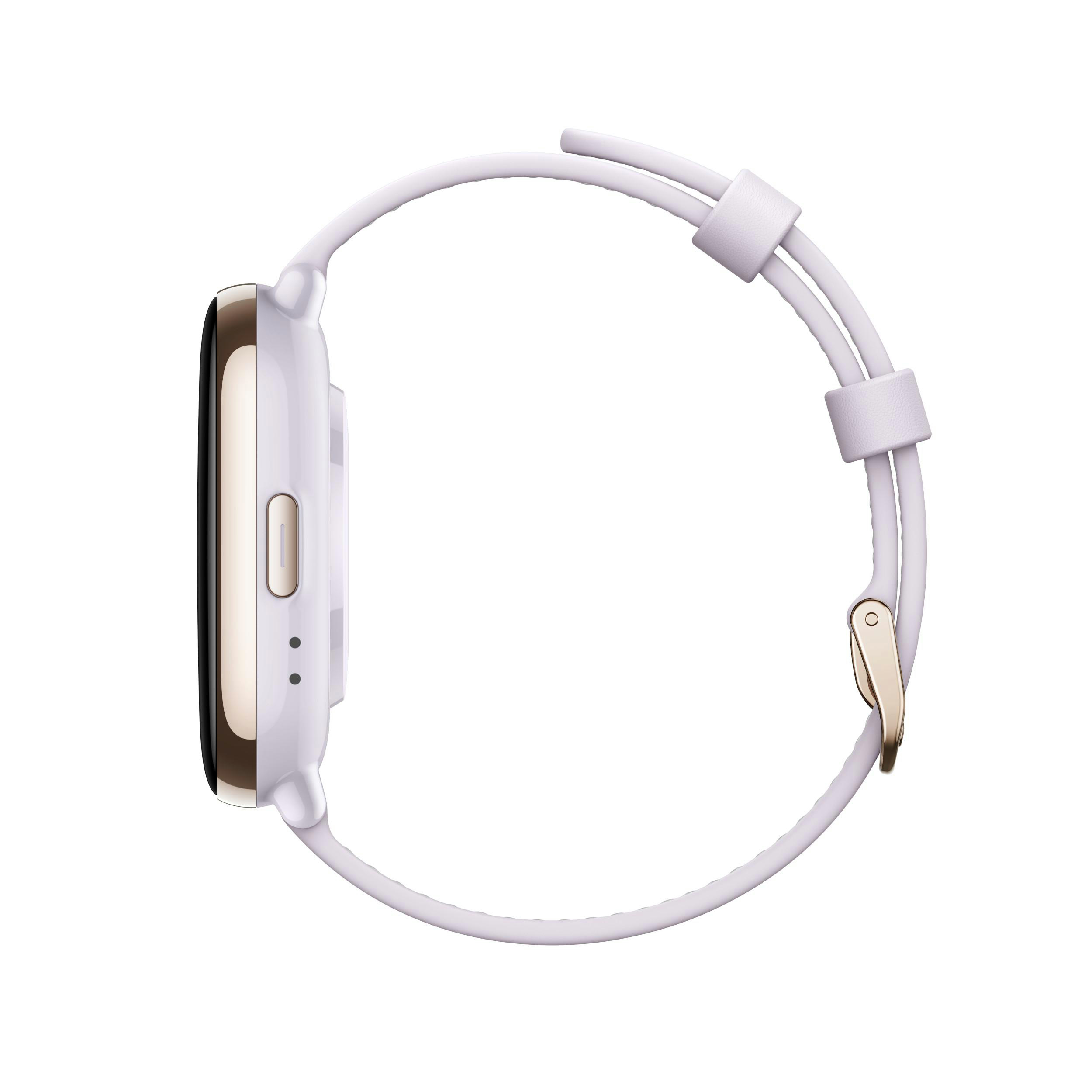 Seitenansicht einer weißen Smartwatch mit goldenem Akzent und Lavendelband.