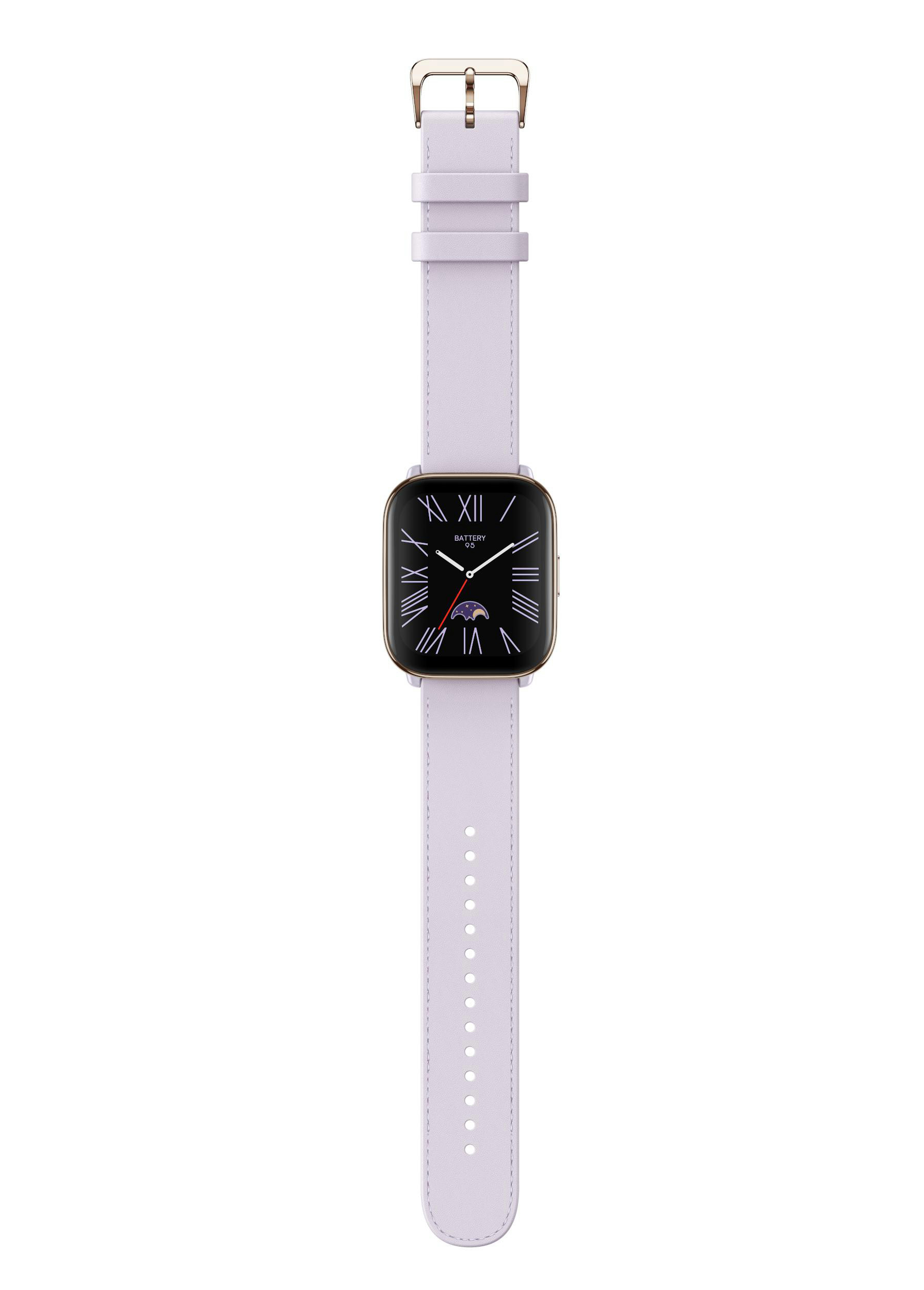 Smartwatch mit helllila Armband.