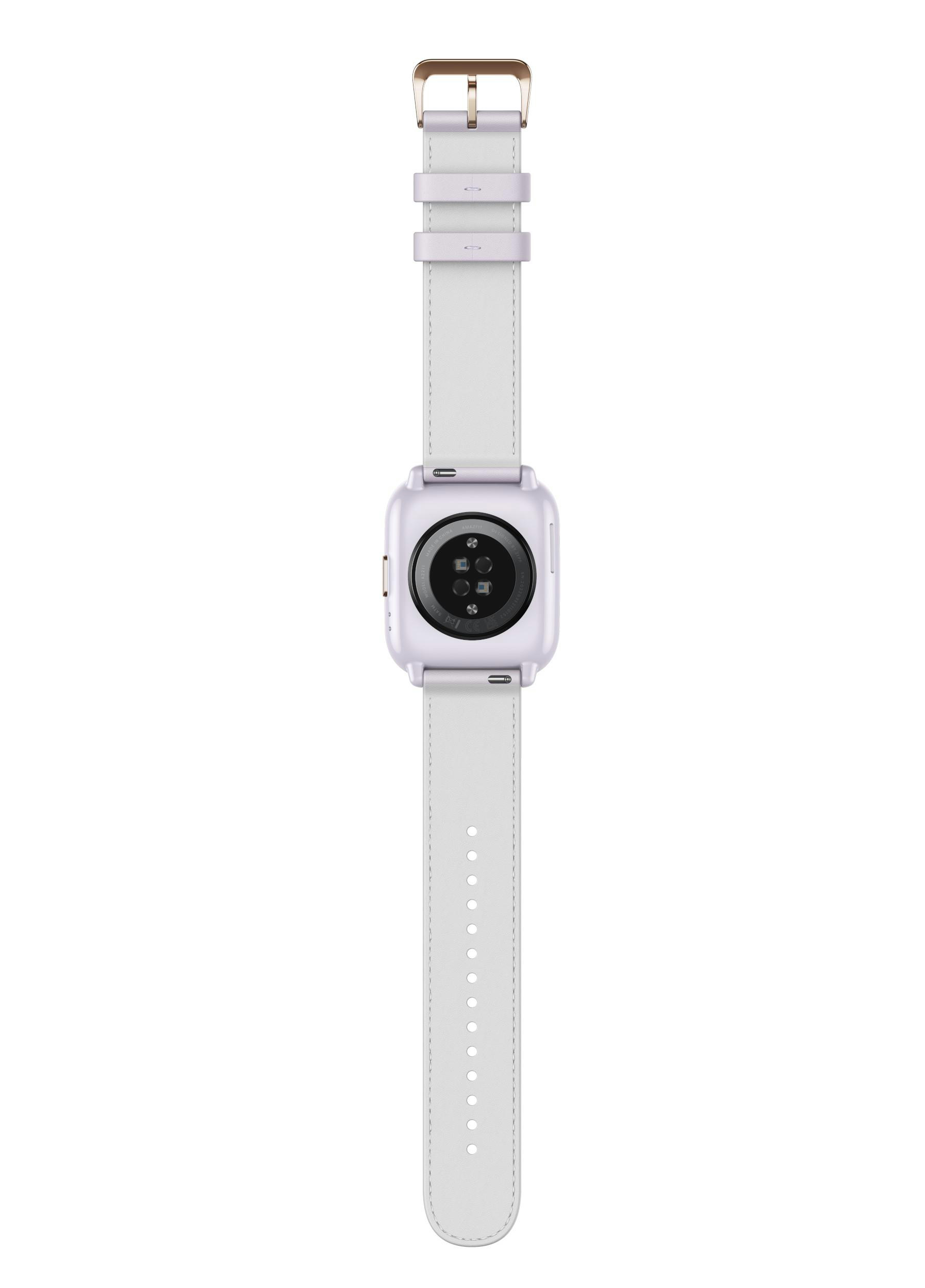 Eine weiße Smartwatch mit weißem Armband. Die Rückseite der Uhr ist sichtbar.