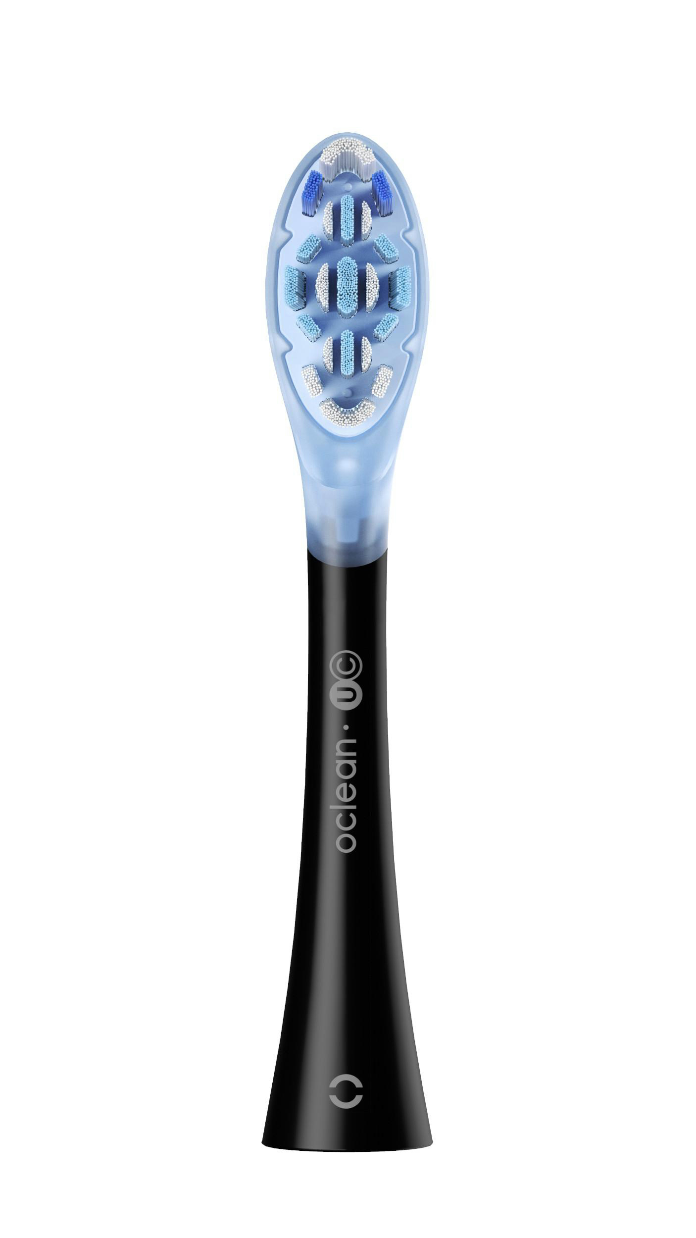 Zahnbürstenkopf mit blauen und weißen Borsten. Ein schwarzer Griff mit dem 'oclean'-Logo ist befestigt.