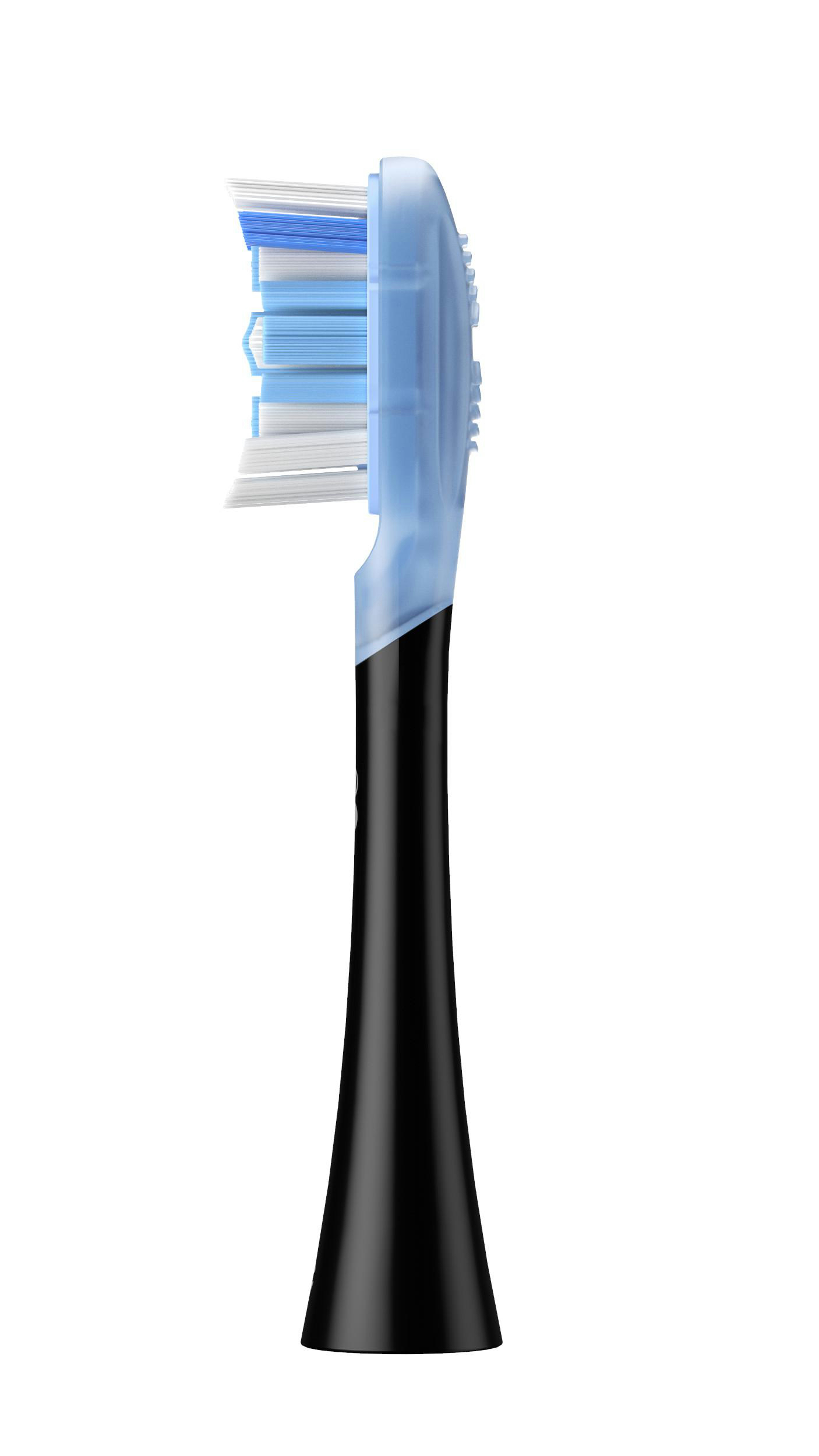 Seitenansicht eines blau-schwarzen Zahnbürstenkopfes mit weißen und blauen Borsten.