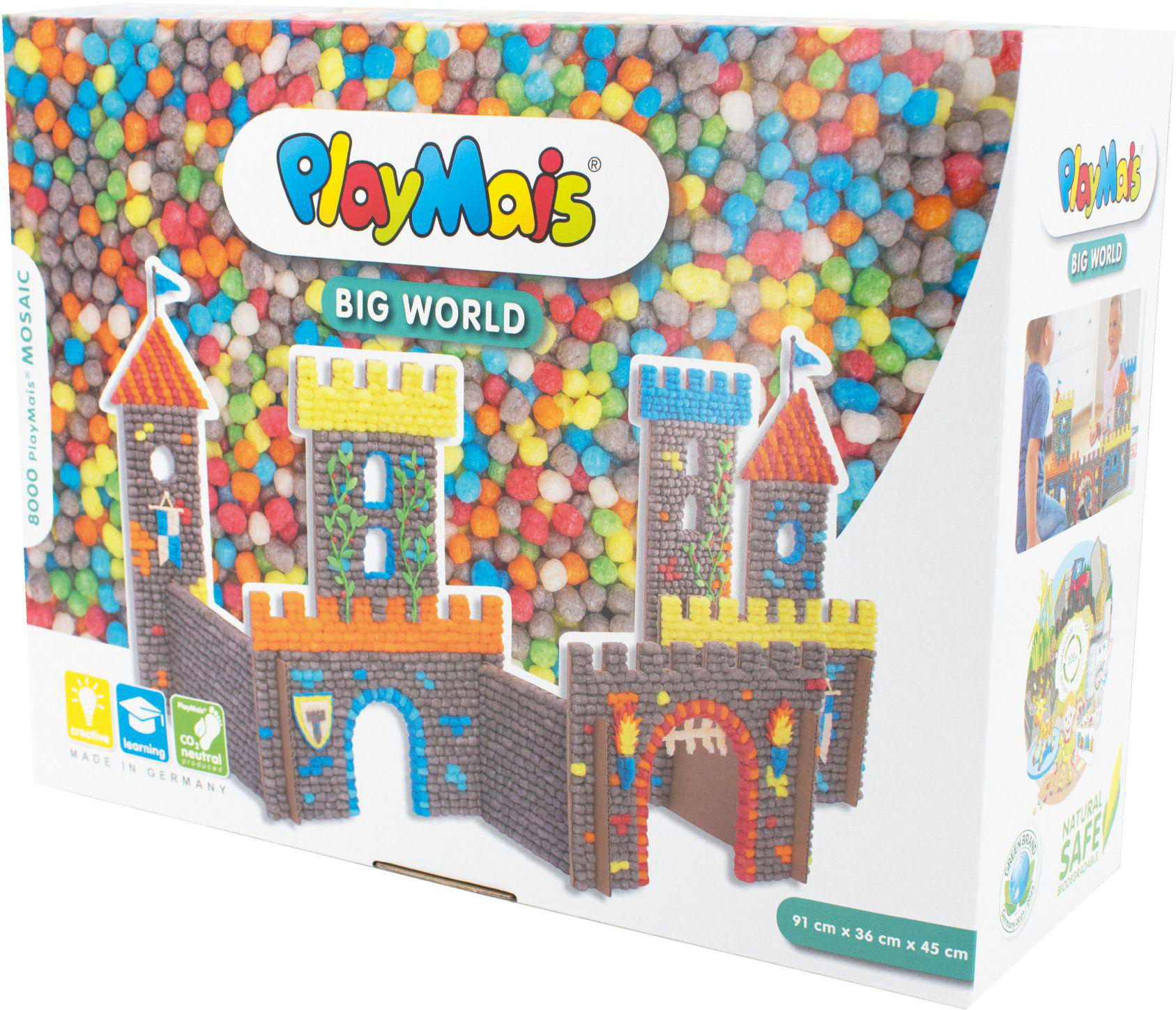 PlayMais Mosaik-Set mit Schloss-Design. Bunte Teile auf weißem und grünem Hintergrund.