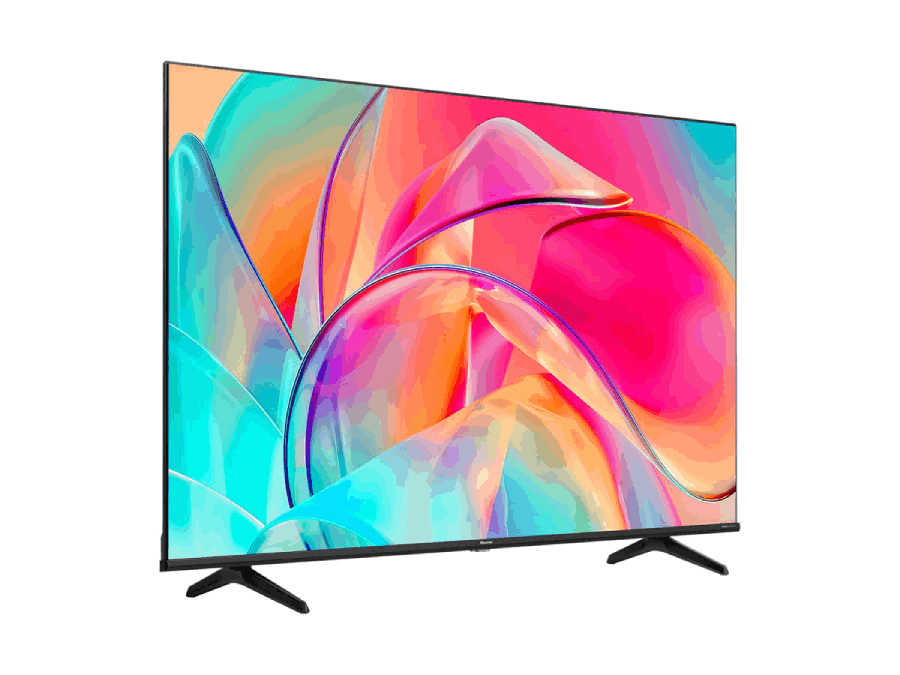 Un televisor de pantalla plana muestra arte abstracto colorido sobre fondo blanco. Soporte negro abajo.