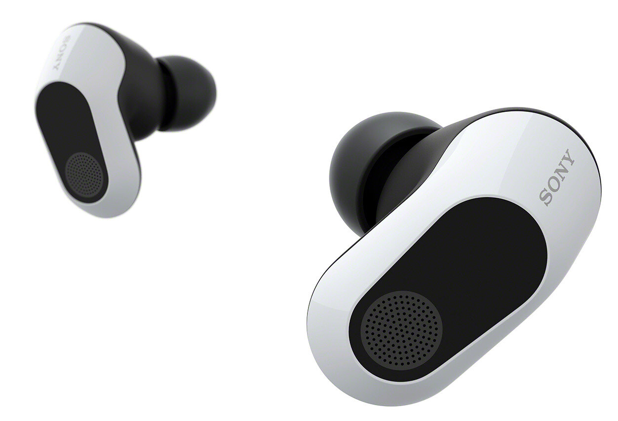 Dwa biało-czarne słuchawki Sony na białym tle. Lewy jest w tle.