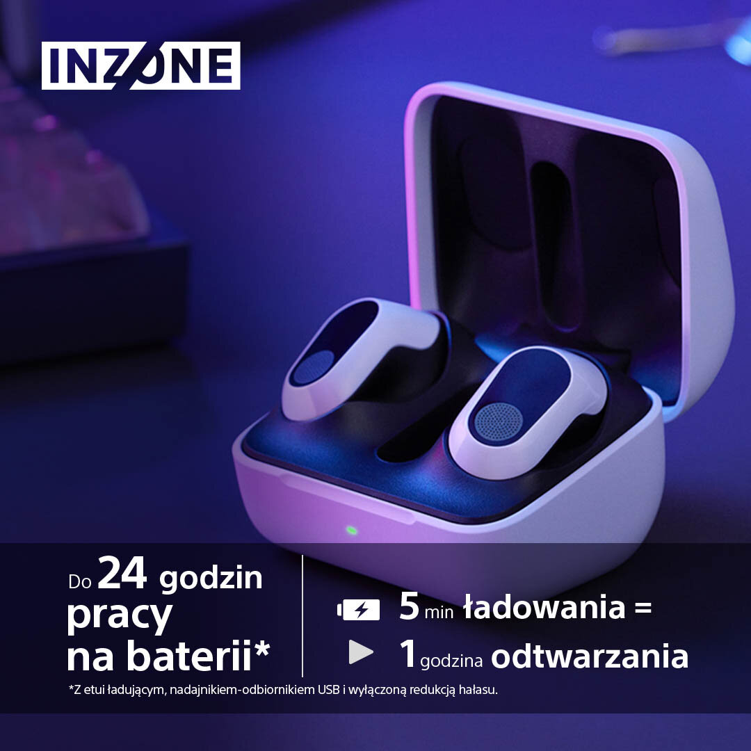 Białe i czarne słuchawki douszne w otwartym etui. Tekst wskazuje 24h pracy na baterii.