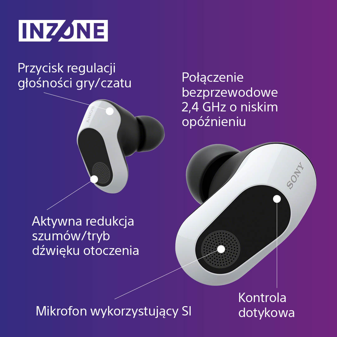 Białe i czarne słuchawki INZONE. Mają przyciski i tekst. Tło jest gradientowe.