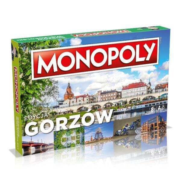 Pudełko gry planszowej Monopoly. Zawiera scenę miejską. Tytuł 'Monopoly' jest wyświetlany wyraźnie.