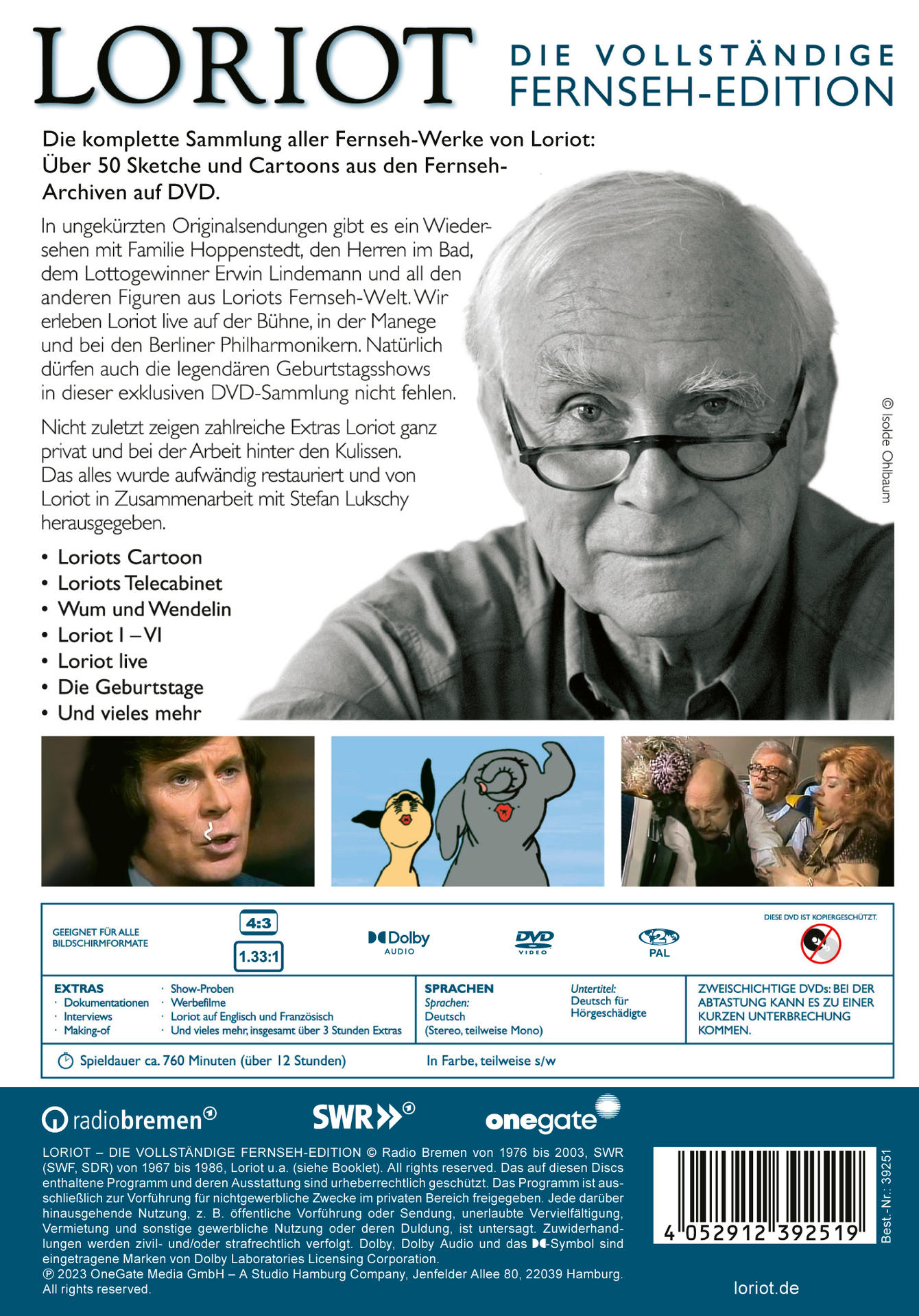 Rückseite einer DVD-Hülle mit Text und Bildern eines Mannes und eines Cartoons.