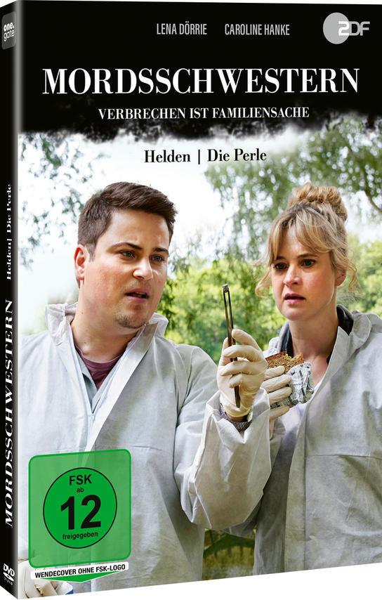 DVD-Cover mit zwei Personen, die ein kleines Objekt betrachten, Titel 'Mordsschwestern'.
