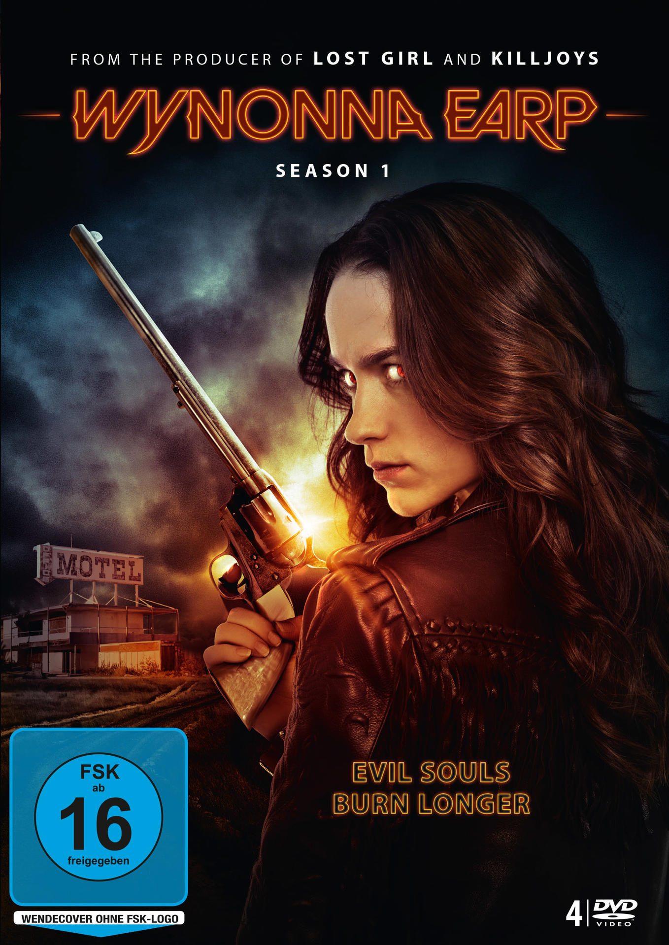 DVD-Cover für Wynonna Earp Staffel 1. Das Hauptbild zeigt eine Frau mit Gewehr, im Hintergrund ein Motel.