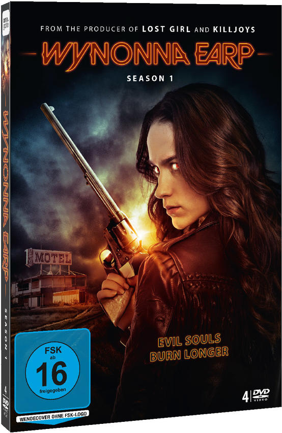 DVD-Hülle von Wynonna Earp. Eine Frau hält eine Waffe mit roten Augen. Dunkler Hintergrund und Text.