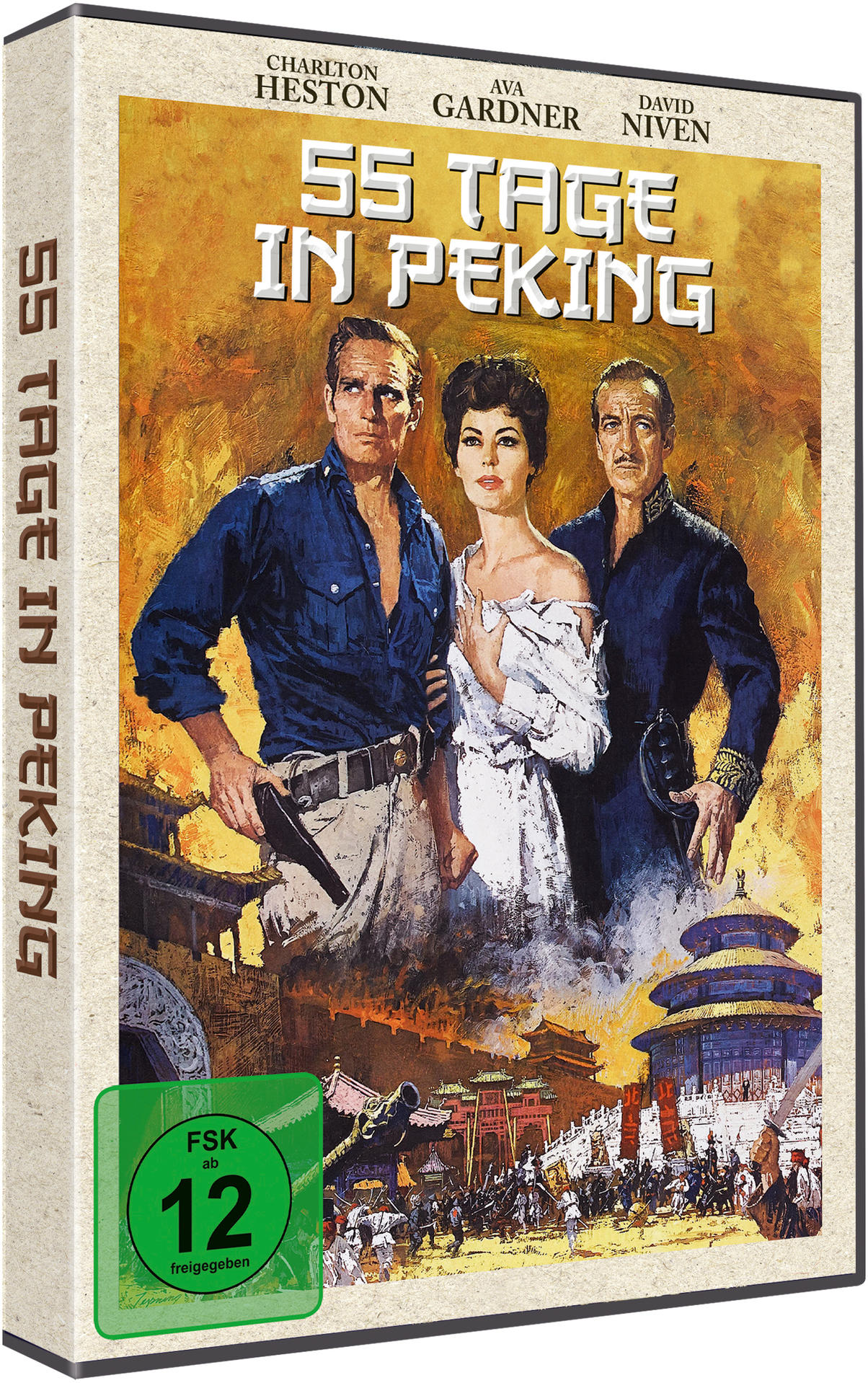 DVD-Cover von „55 Tage in Peking“ mit Charlton Heston und anderen, mit einer Stadtszene.