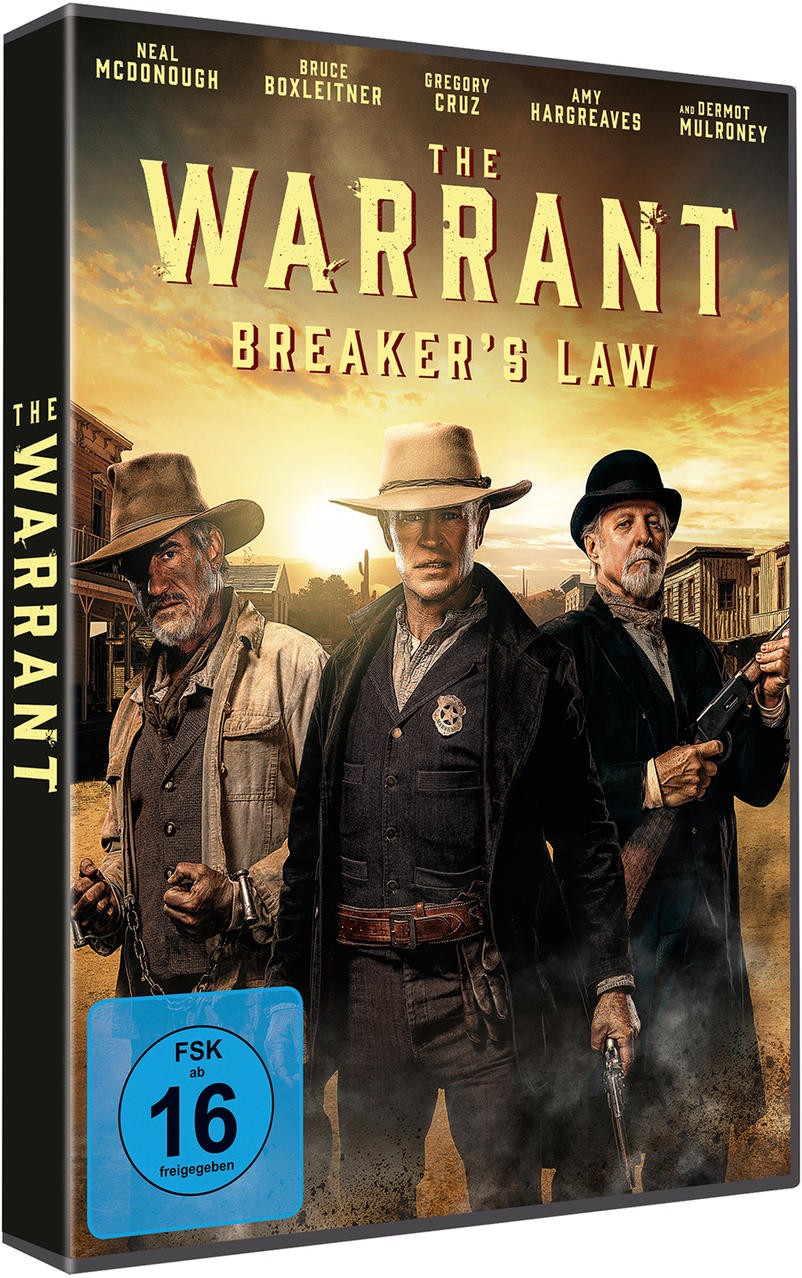 Die DVD-Hülle für den Film 'The Warrant' mit drei Männern in einer Western-Kulisse.