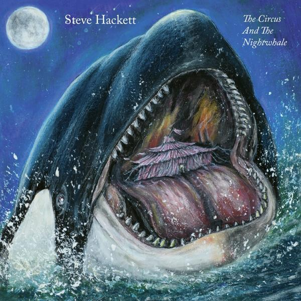 Albumcover einer Orca-Wal mit einem Haus in seinem Maul, ein Vollmond am Himmel.