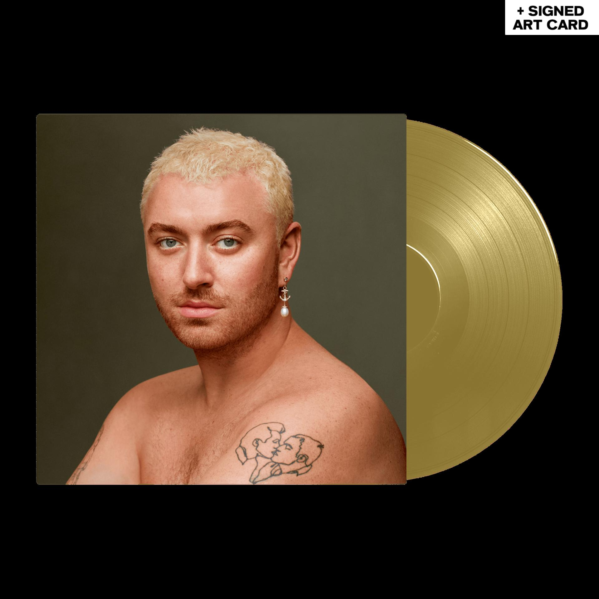 Sam Smith auf Albumcover, goldene Vinyl-Schallplatte. Enthält eine Kunstkarte und signierten Text.