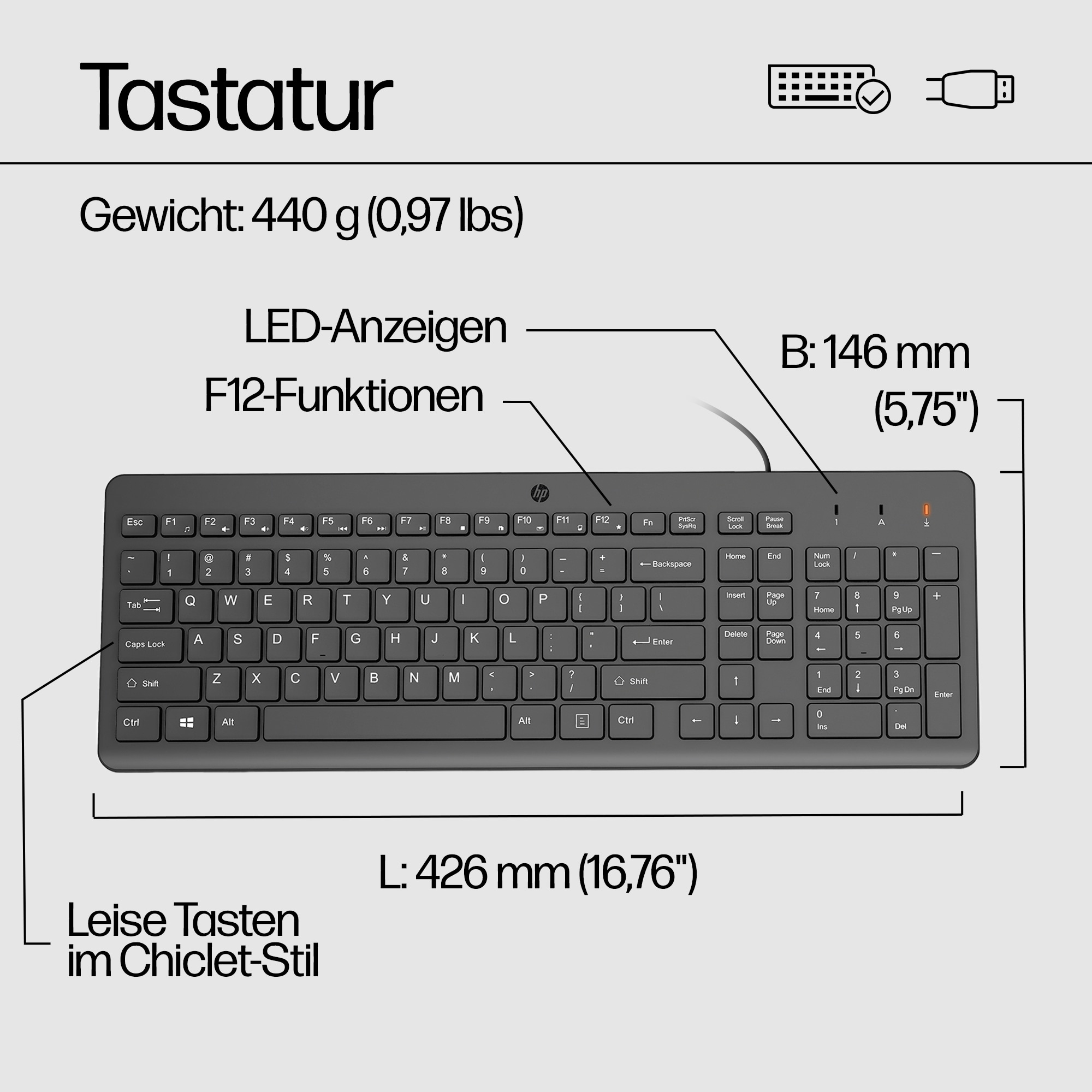 Eine schwarze Tastatur mit weißen Tasten, Abmessungen und Beschriftungen auf Deutsch. Zeigt verschiedene Funktionstasten und HP-Logo.