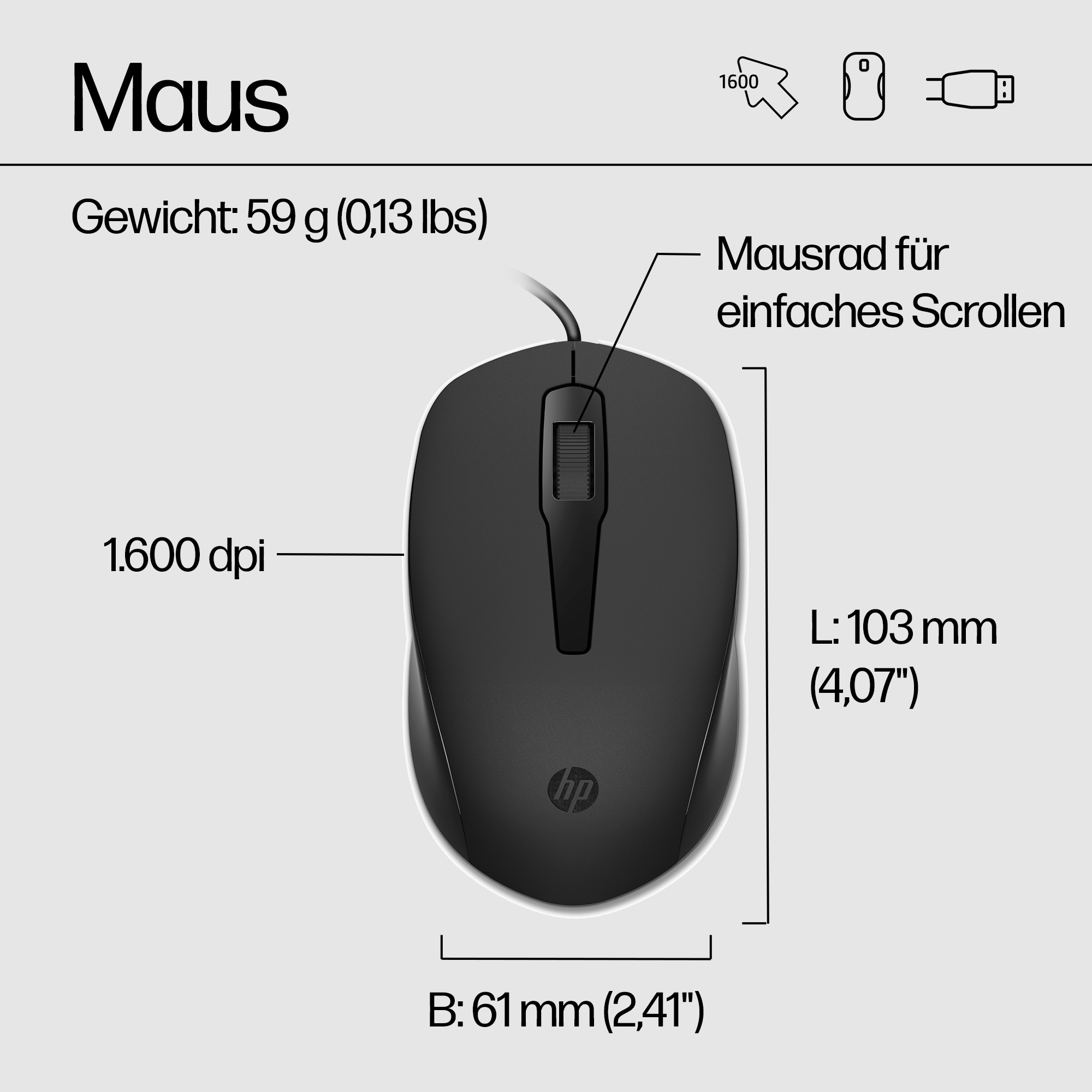 Eine schwarze HP-Maus mit Scrollrad und Abmessungen. Text enthält Gewicht, dpi und Längen-/Breitenmaße.