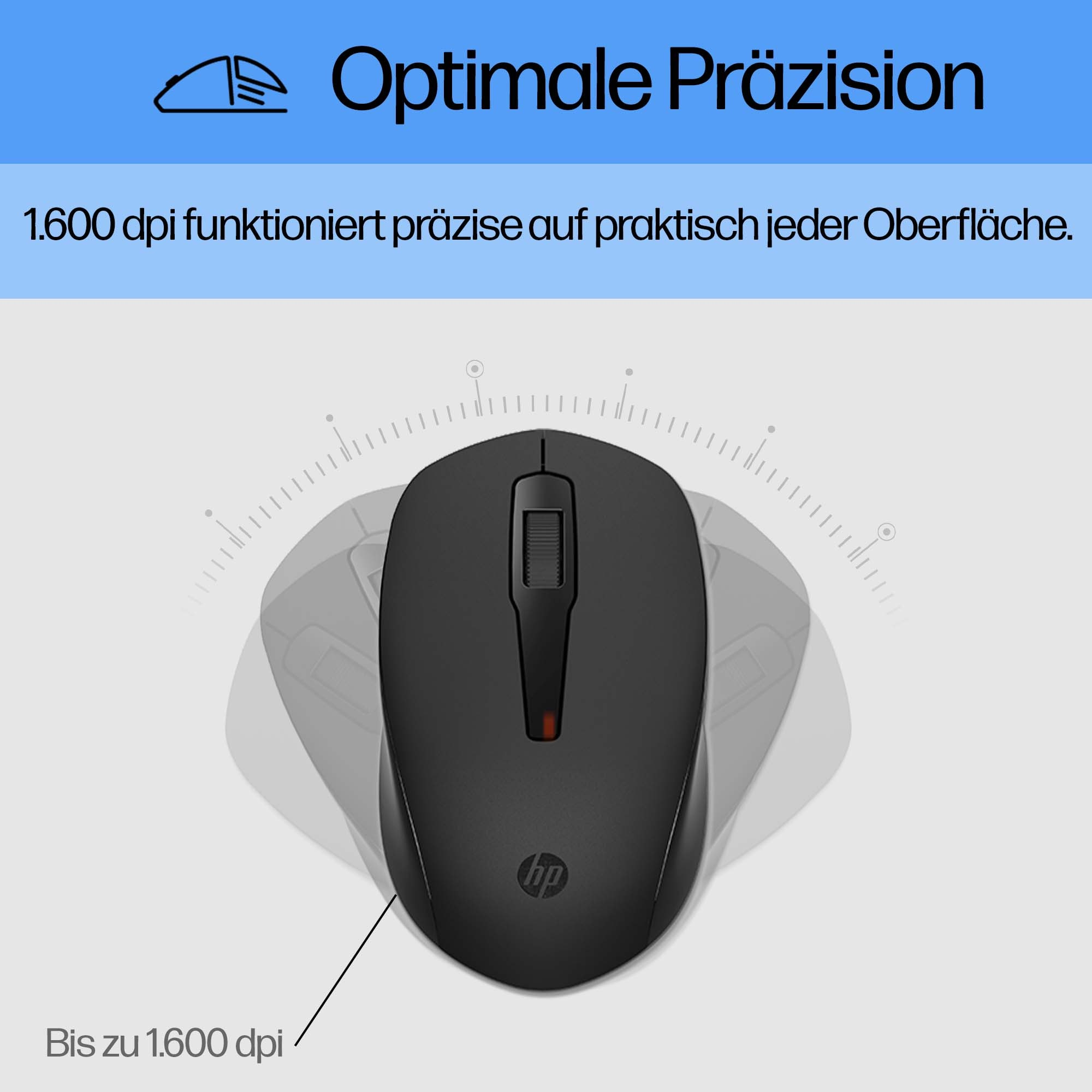 Schwarze HP-Maus. Text lautet 'Optimale Präzision' und '1.600 dpi'. Die Maus hat ein rotes Licht.