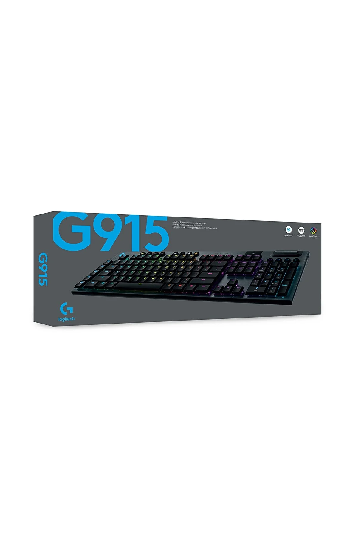 Siyah Logitech G915 klavye kutusunda. Kutu klavyeyi ve logoyu gösteriyor.