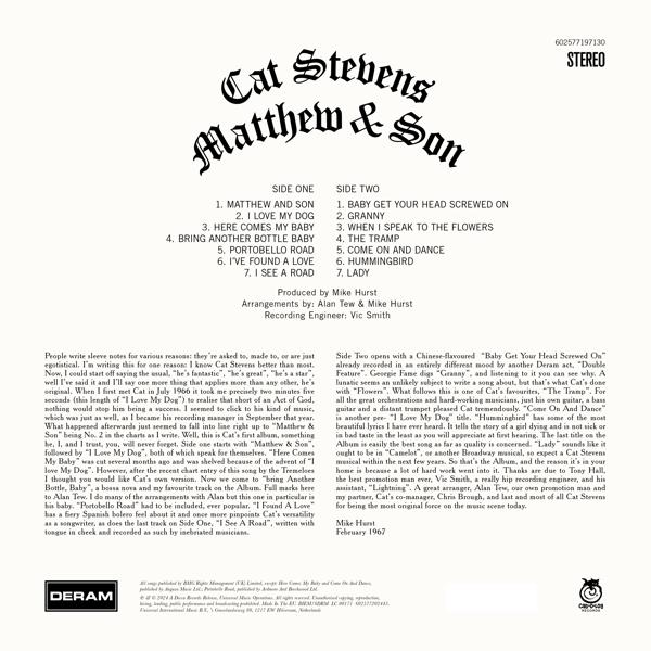 Ein Cover eines Vintage-Schallplattenalbums mit schwarzem Text und einem kleinen Stempel, mit Auflistungen von Seite eins und Seite zwei.