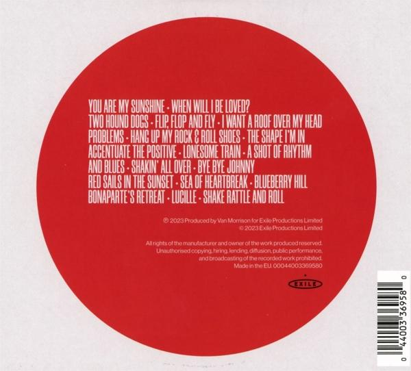 Roter Kreis mit weißem Text. Es werden Songtitel wie 'You Are My Sunshine' aufgelistet.
