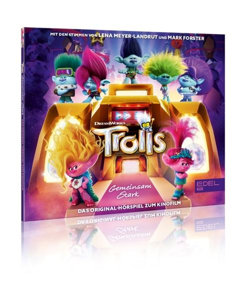 Trolls-Filmbox. Bunte Charaktere auf dem Cover. Trolls-Logo. Weißer Hintergrund mit Reflexion.