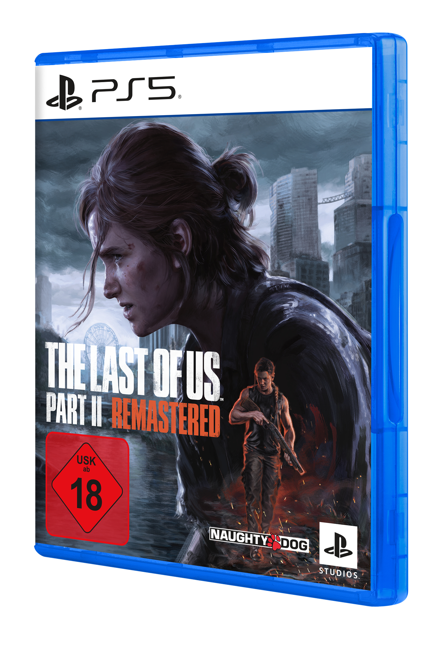 PS5-Spielhülle mit einer Frau auf dem Cover, die eine Waffe hält, mit einer Stadtlandschaft im Hintergrund.