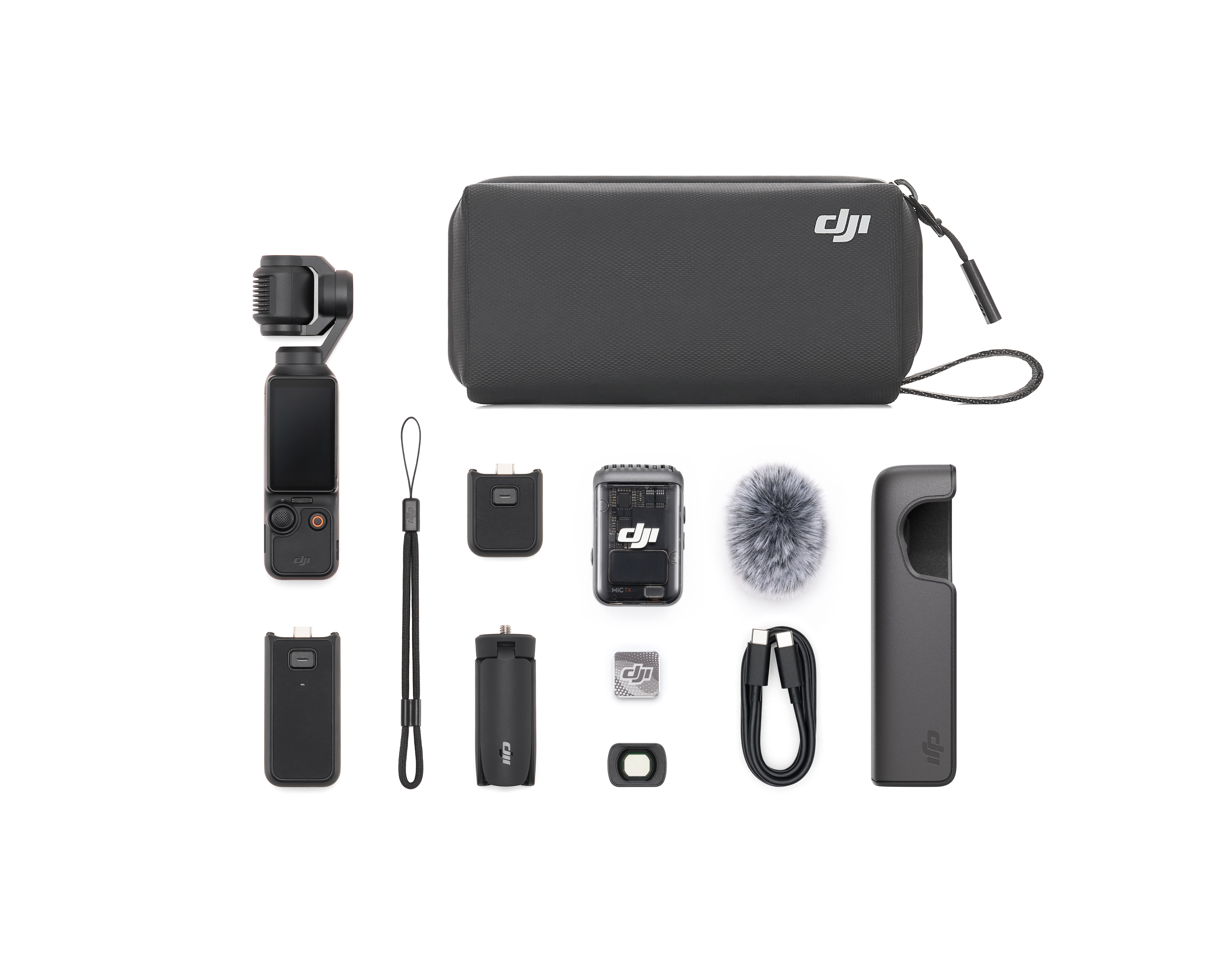 DJI Pocket 2 kamera seti ve beyaz arka plan üzerinde aksesuarlar.