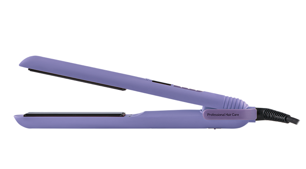 Siyah plakalarla açık, leylak rengi bir saç düzleştirici. Siyah arka plan ve 'Professional Hair Care' metni.