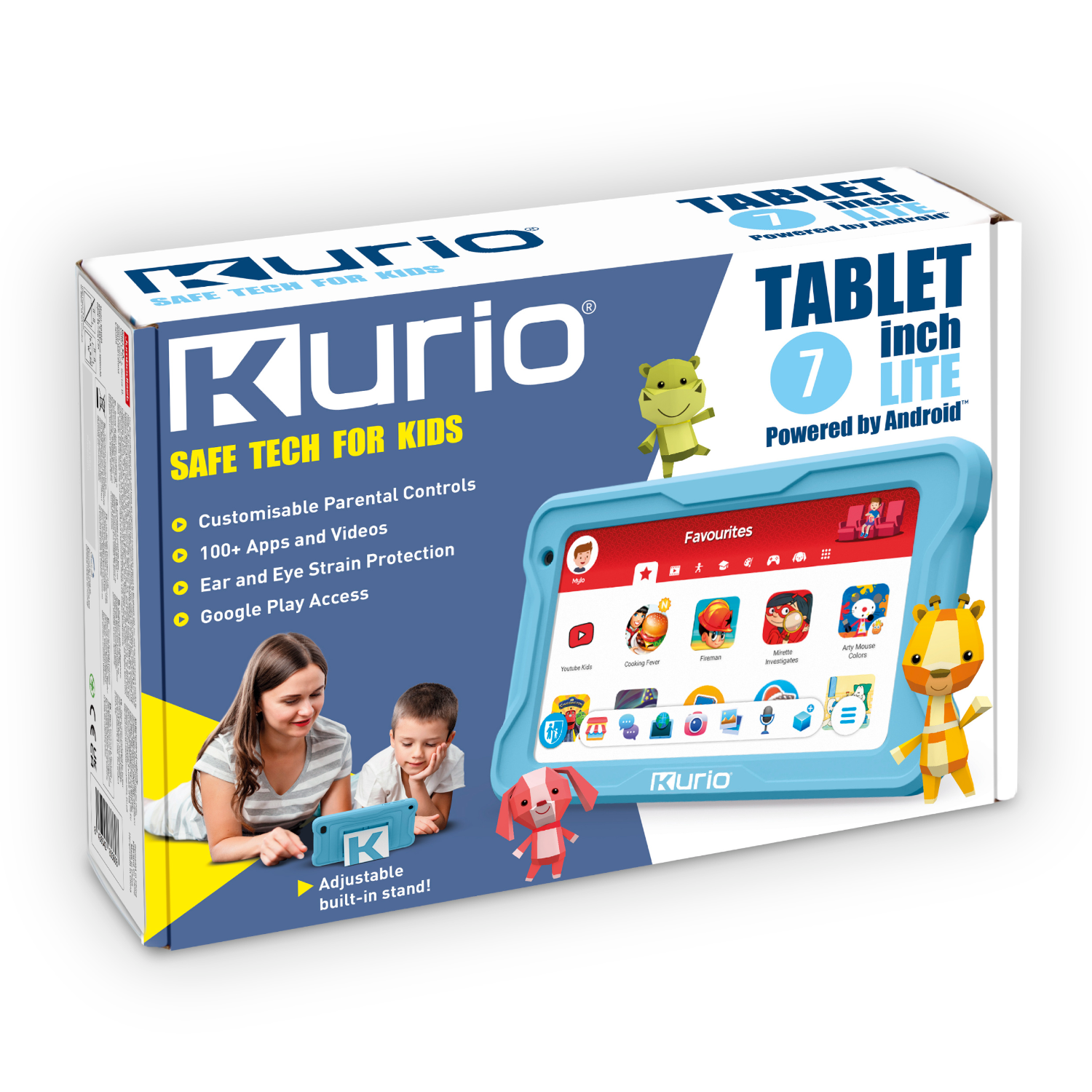 Box with a Kurio tablet. Shows children using the tablet, along with cartoon characters.