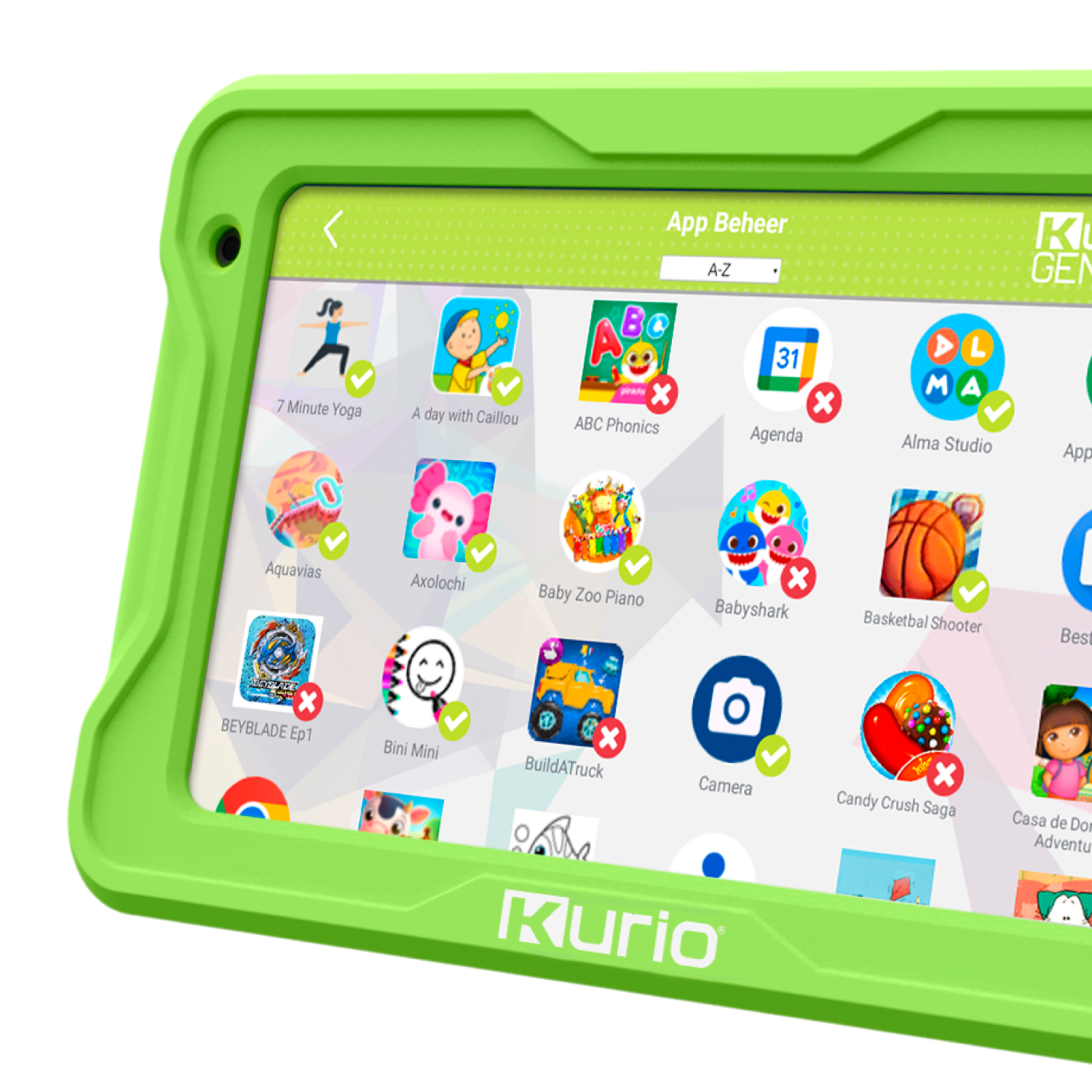 Groene tablet met verschillende app-iconen op het scherm. De tablet heeft een groene rand.