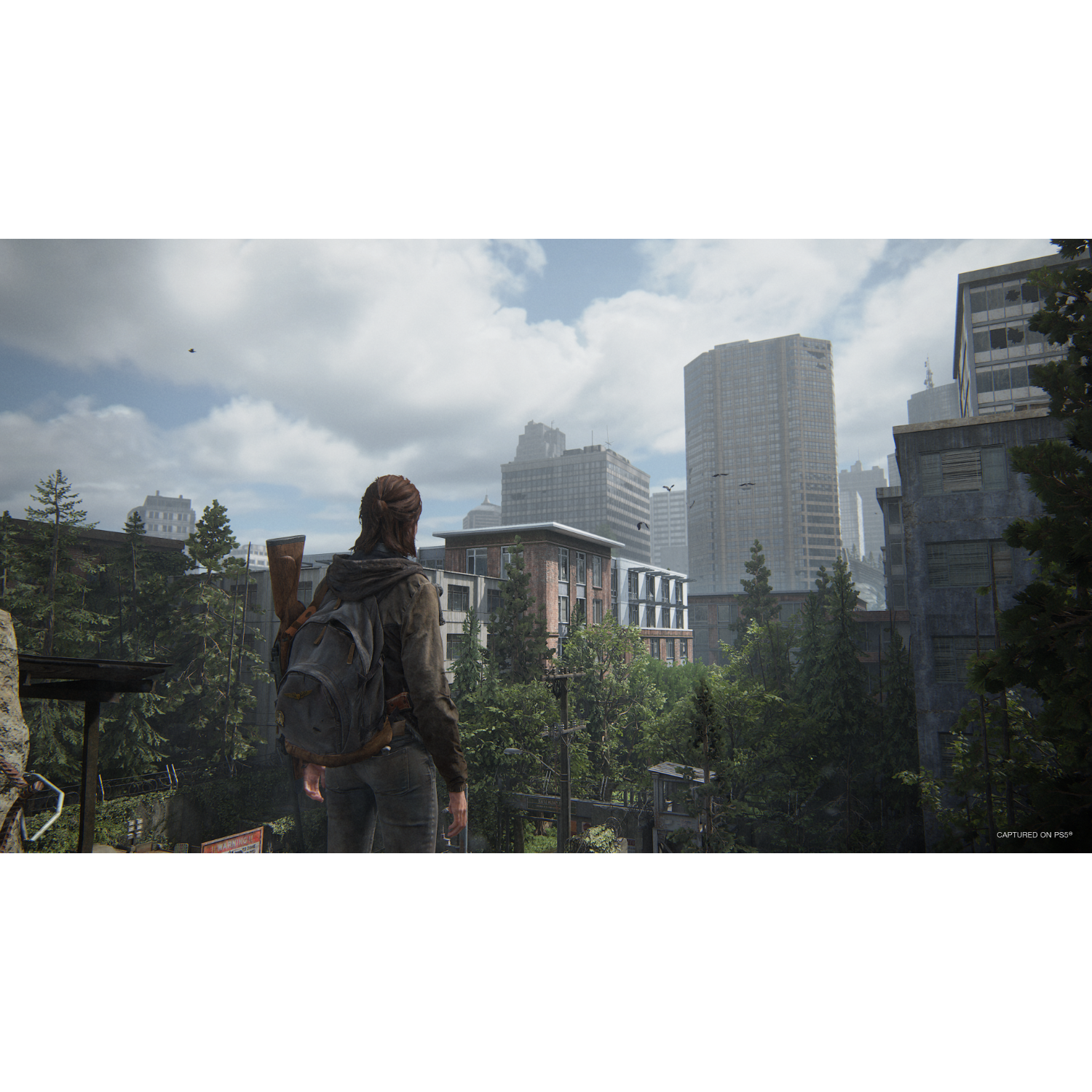 A woman with a backpack looks over a city with tall buildings and trees.