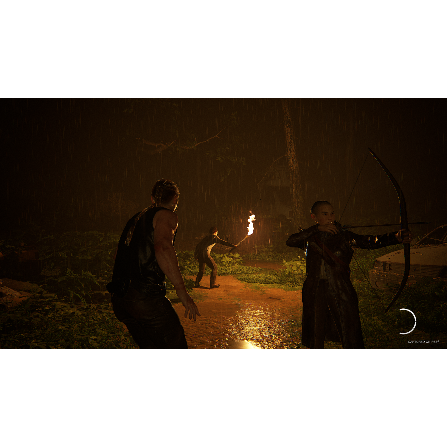 Two women and a man fight in the rain. One shoots a bow, another has a torch.