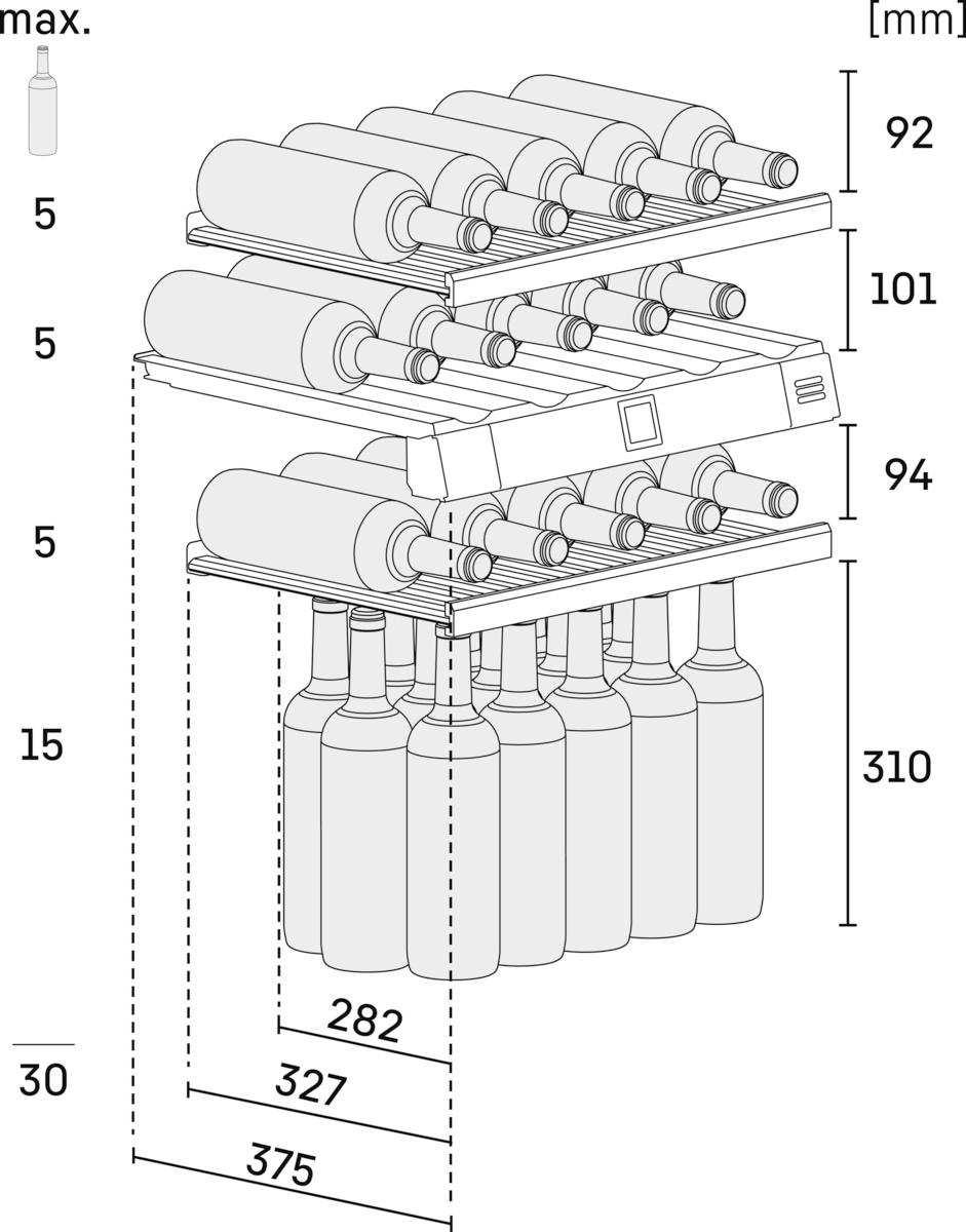 Diagramm von Weinflaschen auf Regalen mit Abmessungen in mm.