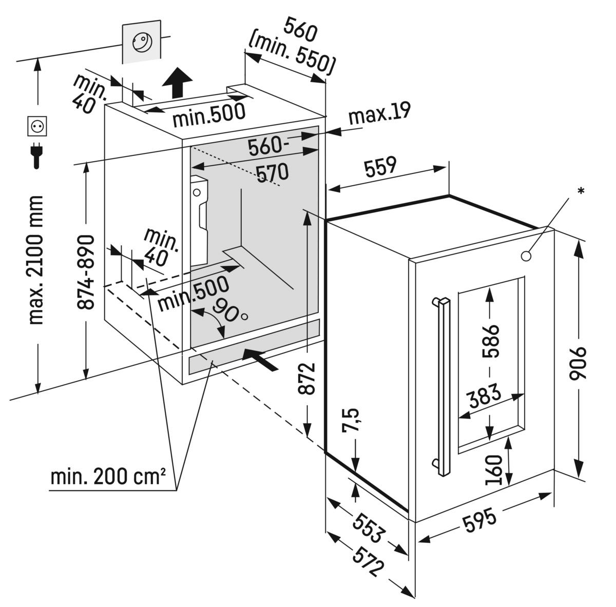 Diagramm eines Einbauofens mit Abmessungen und Maßen in Millimetern. Der Ofen ist weiß und schwarz.