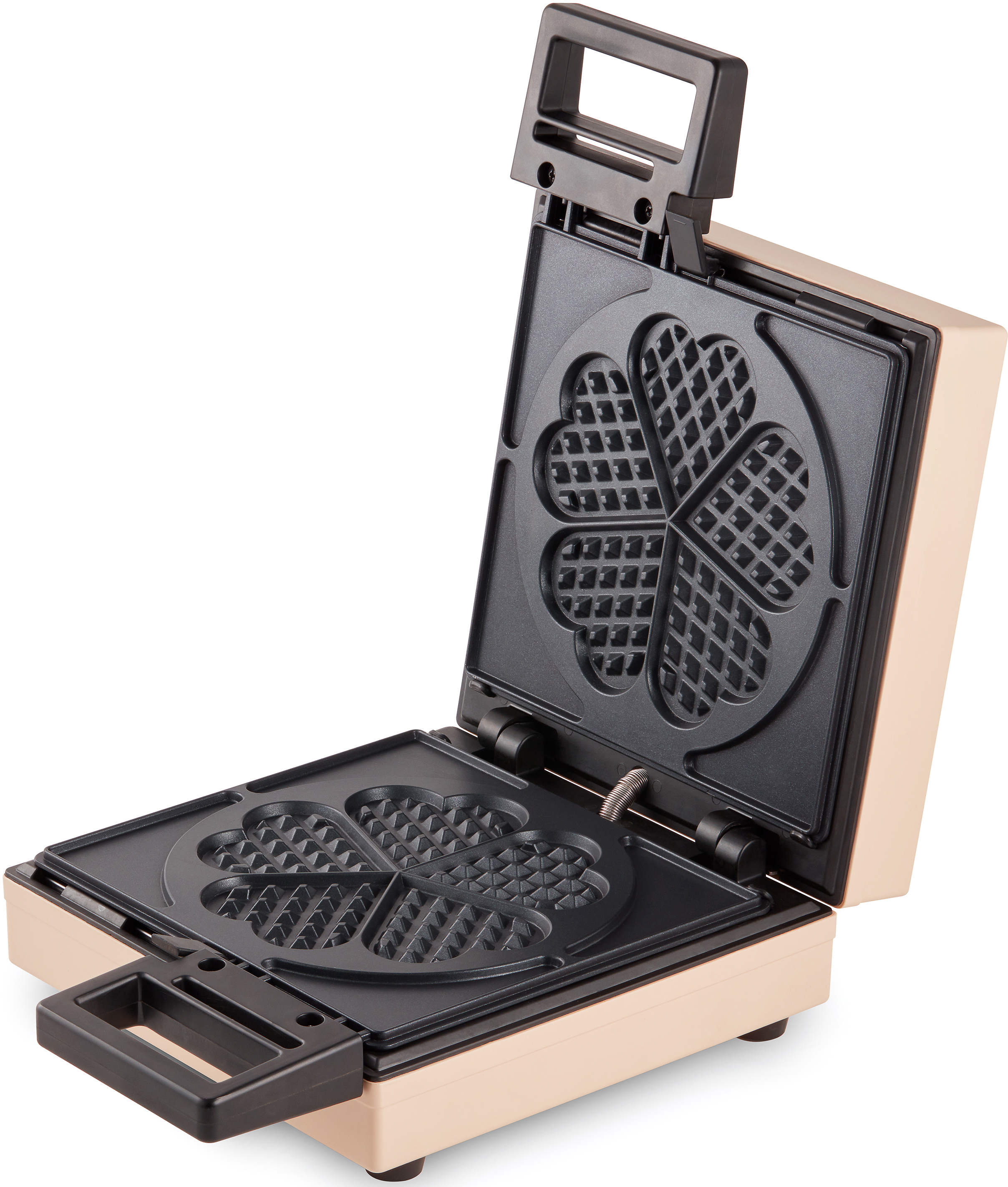 Una piastra per waffle aperta e beige con stampi a forma di cuore.