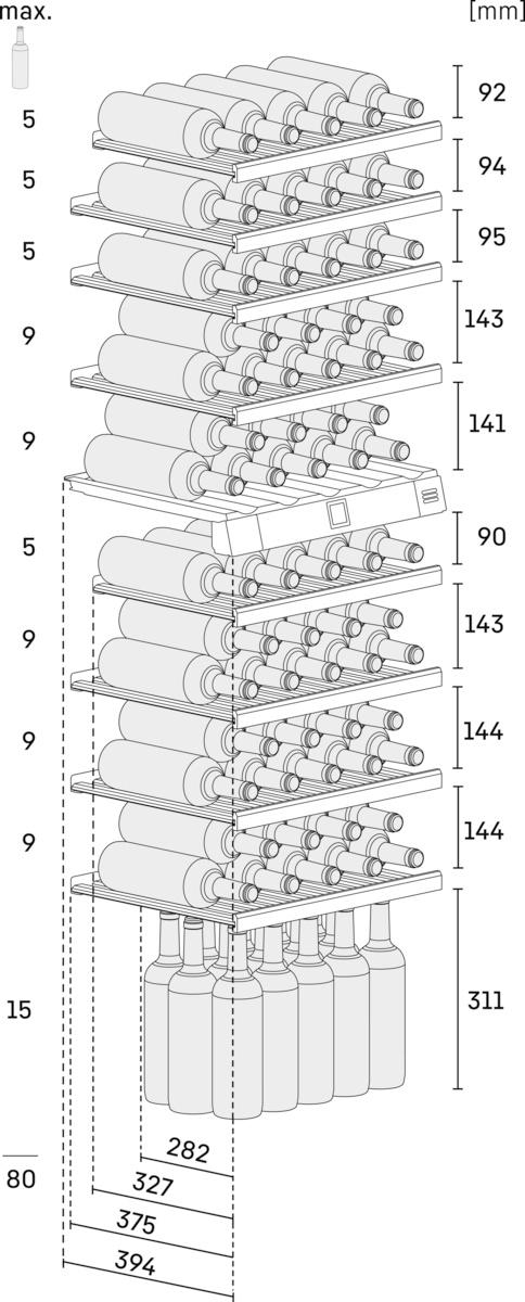 Diagramm eines Weinregals mit Abmessungen und Flaschenanordnung zur Aufbewahrung.